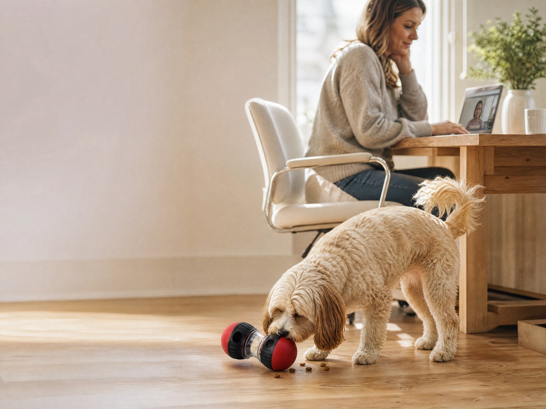 Owner on a call while the dog works the treat dispenser