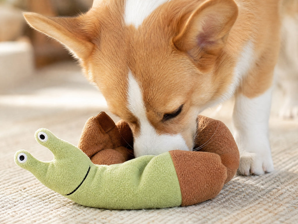 Dog sniffing the snail snuffle toy