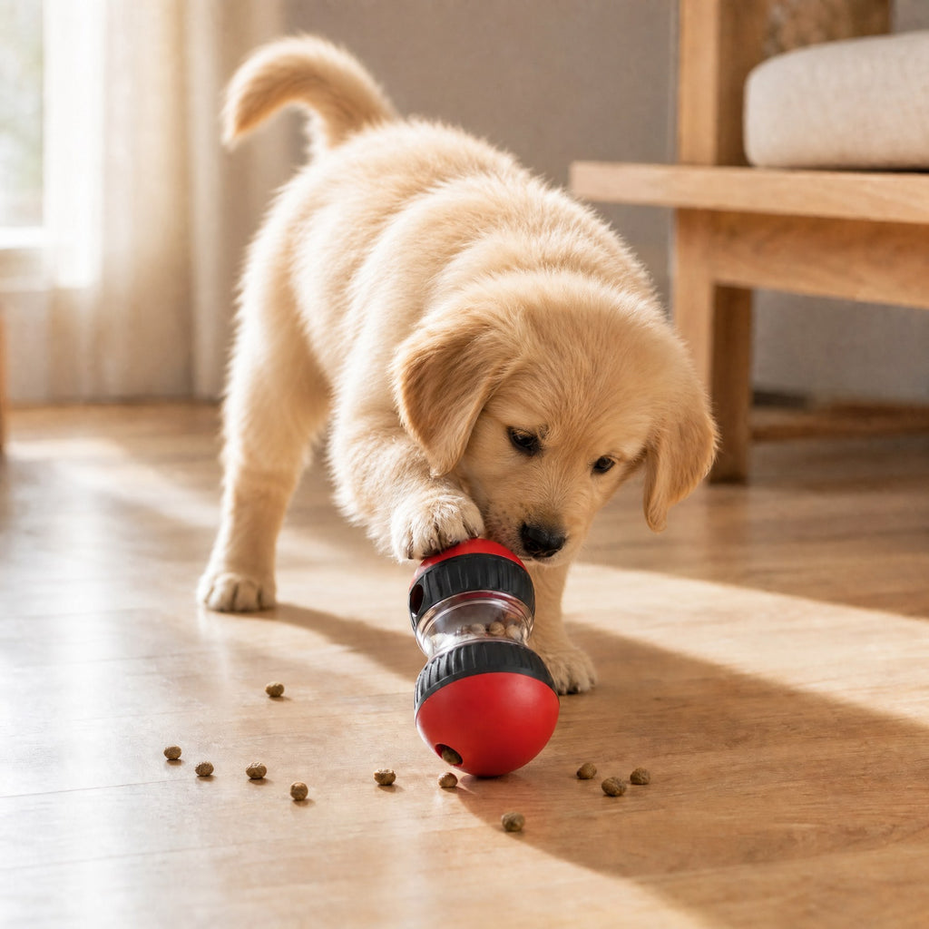 Golden retriever puppy working the rolling treat dispenser