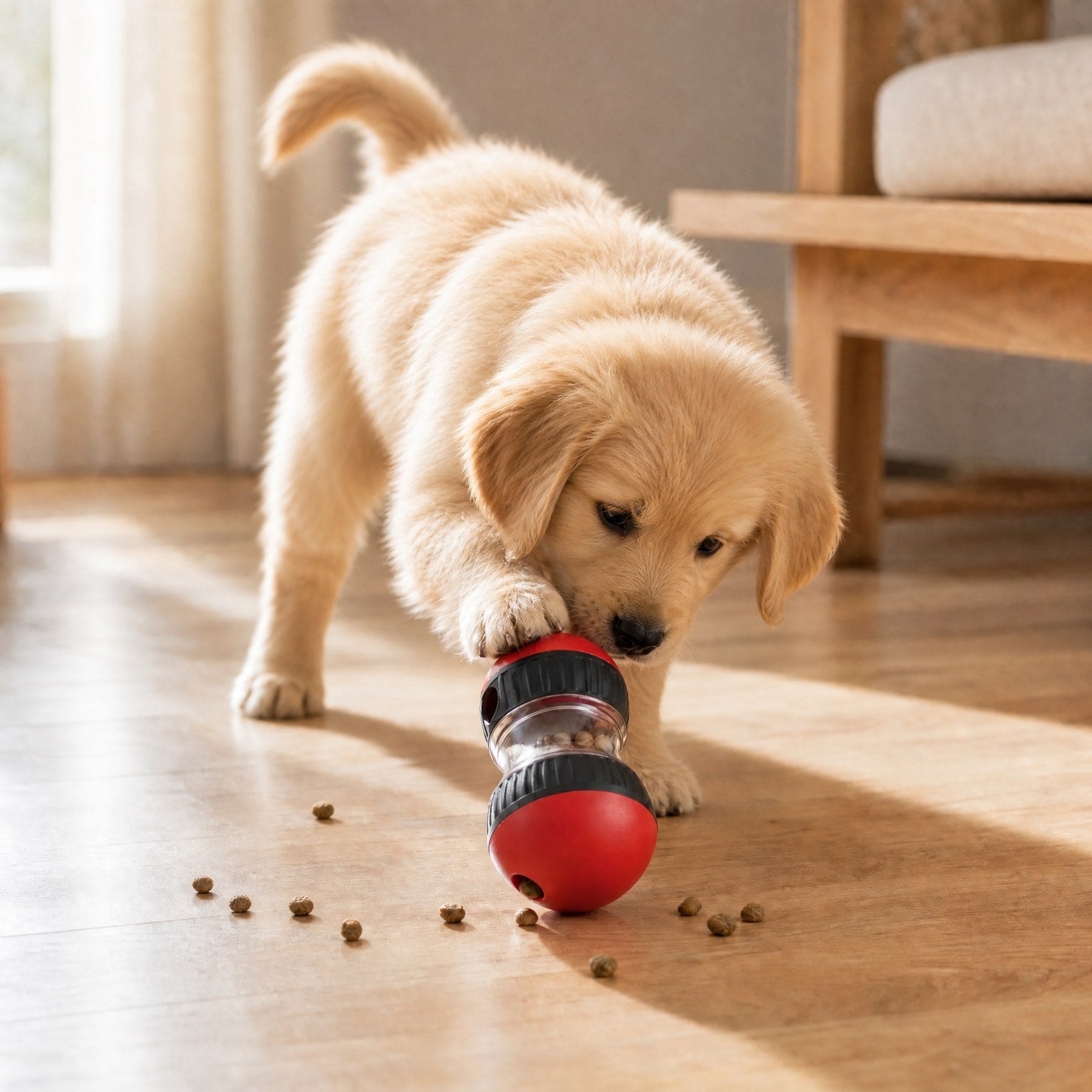 Golden retriever puppy working the rolling treat dispenser