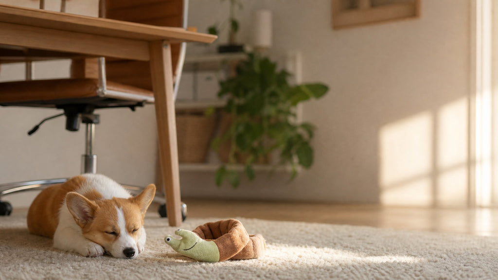 Dog asleep next to the empty snuffle toy