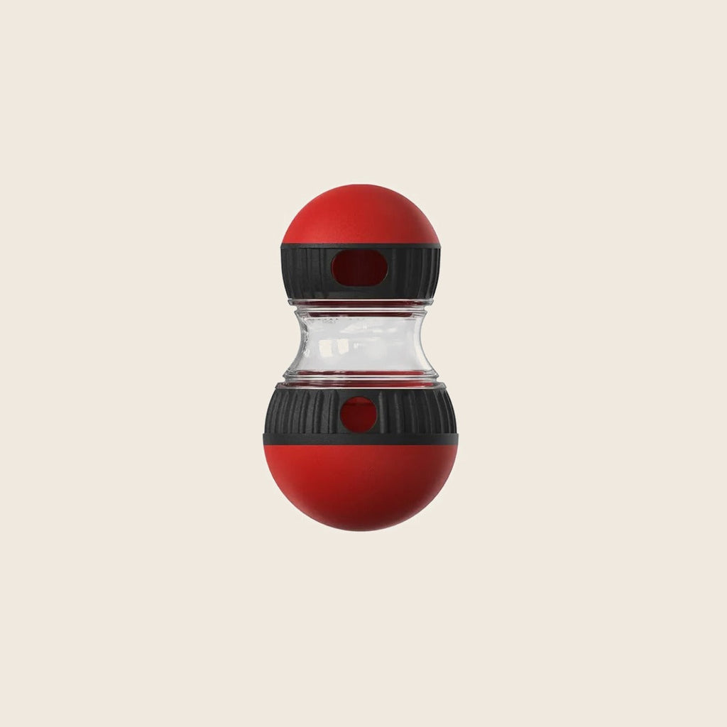 Interactive dog treat dispenser, red and black
